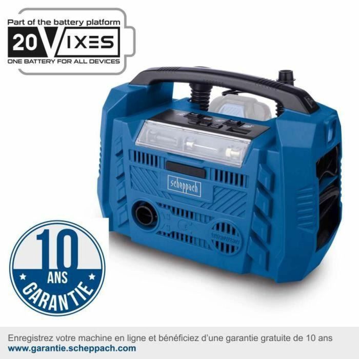 Scheppach IXES Compresor Eléctrico Híbrido 20V 10 bar - Alimentación: Batería/Red/Encendedor - Sin Batería ni Cargador - Airforce 6 5