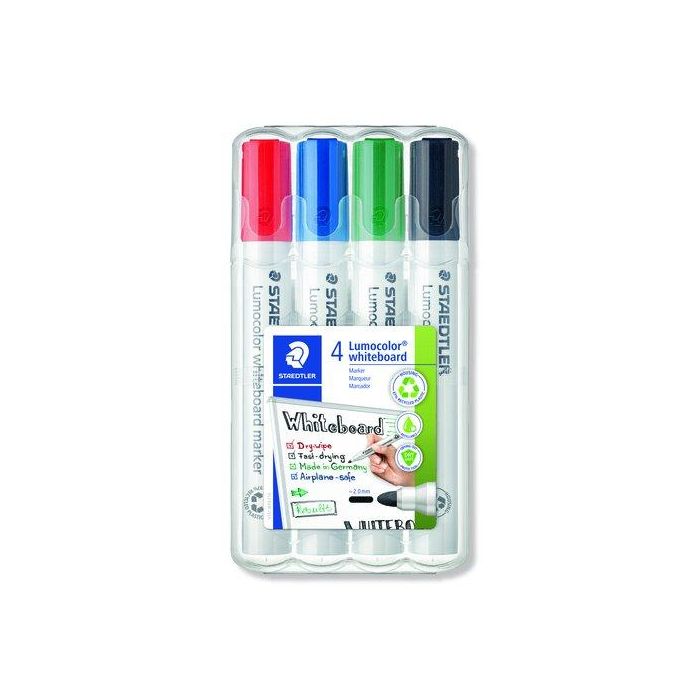 Staedtler Rotuladores Pizarra Blanca Lumocolor Punta Redonda, Estuche 4 Ud - Negro, Azul, Verde, Rojo