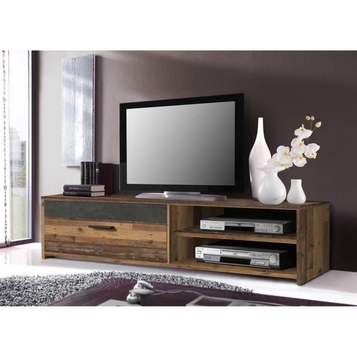 Mueble de TV 1 cajón 2 nichos - Madera vieja y decoración de hormigón gris oscuro - L 120 x P 42,1 x H 31,8 cm - PACO 3