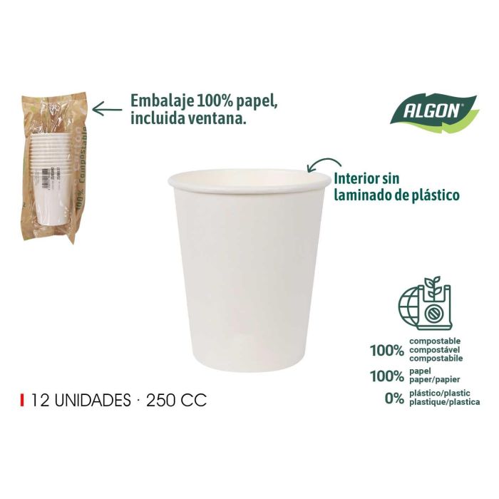 Set de 12 vasos blancos de cartón 250 cc Algon (20 Unidades) Set de 12 vasos blancos de cartón 250 cc Algon (20 Unidades)