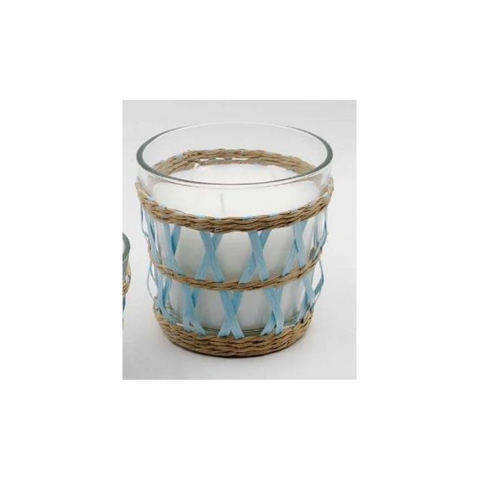 DKD Home Decor Vela Mediterraneo de Cera en Cristal, 540gr, Azul Celeste, Natural y Blanco, 48h, 13.5x13.5x12.5cm
