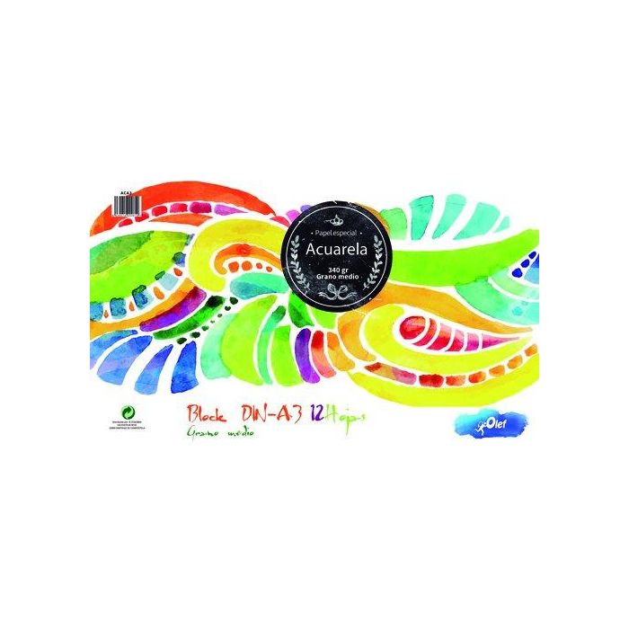 Bloc De Dibujo Olef Acuarela Encolado Liso Grano Medio A3 340G 12H