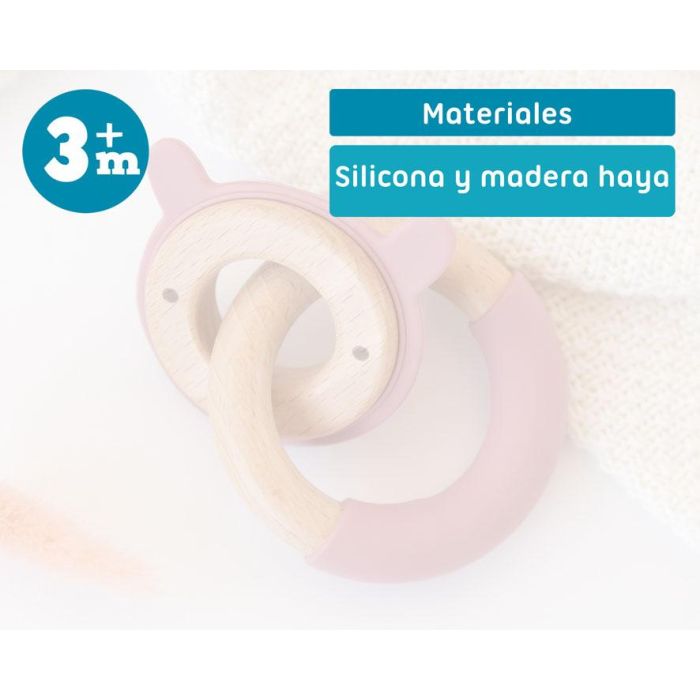 KioKids Mordedor Bebé Madera Haya y Silicona Rosa Conejo +3 Meses. Alivia Dentición y Masajea Encías. Colección Eco-friendly. 5