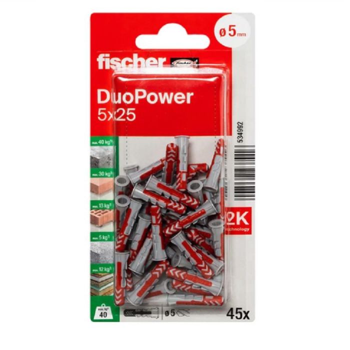 Fischer Taco Duopower Blister 45 Unidades para Tornillos 3-4mm, Taco 8x40mm