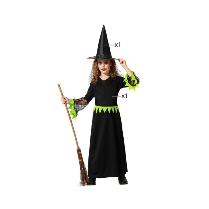 Disfraz Infantil de Bruja con Vestido Largo Verde y Negro, Sombrero de Punta para Niña 7-9 Años, Poliéster, Halloween 0 Disfraz Infantil de Bruja con Vestido Largo Verde y Negro, Sombrero de Punta para Niña 7-9 Años, Poliéster, Halloween 0