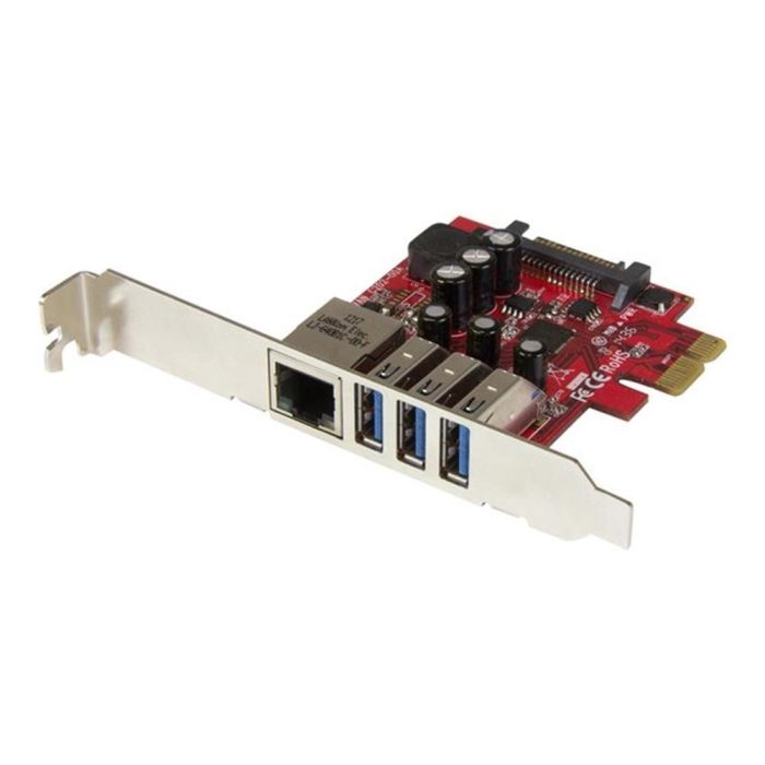 StarTech.com PEXUSB3S3 Tarjeta de Red Ethernet Gigabit y Hub USB 3.0 de 3 Puertos PCIe 2.0 Perfil Bajo