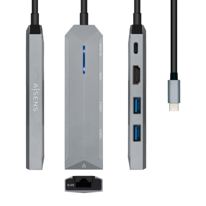 Aisens Dock Station USB-C 5 en 1 con HDMI, RJ45, 2 USB, PD 100W - Gris