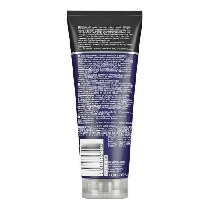 John Frieda FRIZZ-EASE Brazilian Sleek Champú Alisador Antiencrespamiento Brillo con Queratina para Cabello Liso Duradero 250ml 1
