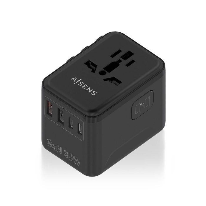 AISENS - ADAPTADOR ENCHUFE UNIVERSAL PARA VIAJE EU/USA/UK/AU CON CARGADOR USB GaN, 2xUSB-A (A1 QC3.0), 3xUSB-C (C1 PD3.0) 35W, NEGRO