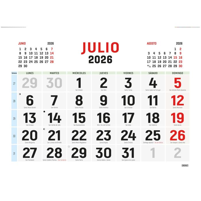 Ingraf 333427 Calendario de Pared 2026, Horizontal Doble Cara, Castellano, Anual con Espacio Diario para Anotaciones, 42x30cm