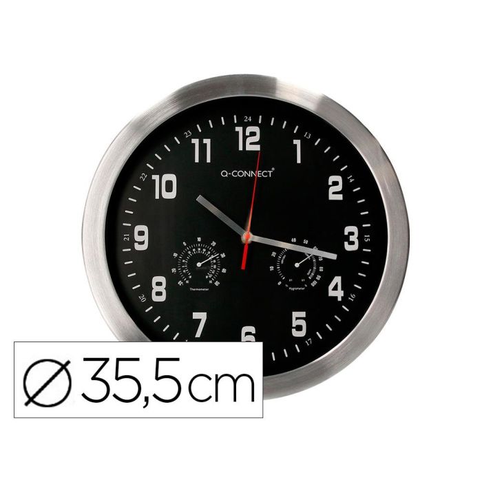 Reloj Q-Connect De Pared Metalico Redondo 35,5 cm Movimiento Silencioso Color Cromado Con Esfera Negra