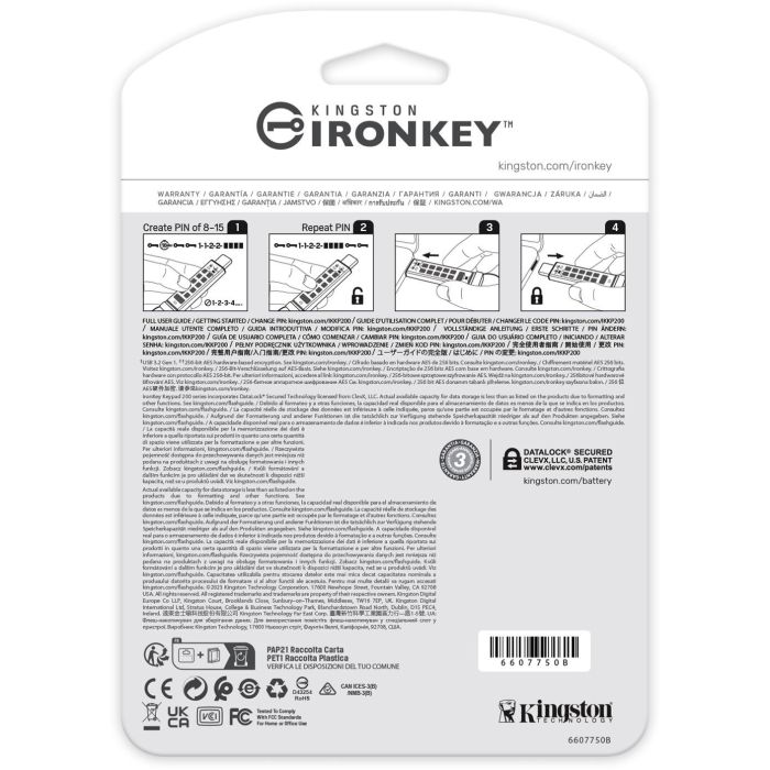 Kingston Keypad 200C 512GB USB-C IronKey Stick AES-256 IP68 Teclado Seguro USB 3.2 Gen 1 Lectura 280MB/s Funda Azul 3