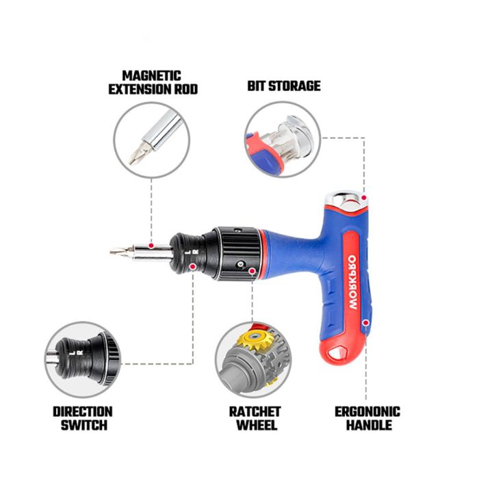 Workpro Destornillador de carraca t 8 piezas, mango ergonómico, 7 puntas acero cromo vanadio, selector reverso 4