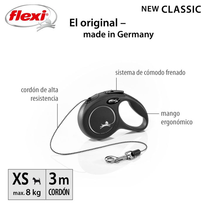 Flexi Correa New Classic XS Cordón 3M Negro de Plástico, Nylon y Metal