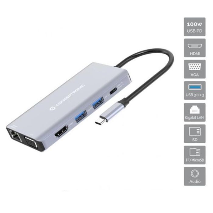 Conceptronic Docking Station USB Tipo C 10 en 1 con HDMI/VGA/USB-C PD/USB 3.0/SD/TF/GbE/AUX, 4K 30Hz, 1080P 60Hz, para Windows/Mac/Chrome OS 0 Conceptronic Docking Station USB Tipo C 10 en 1 con HDMI/VGA/USB-C PD/USB 3.0/SD/TF/GbE/AUX, 4K 30Hz, 1080P 60Hz, para Windows/Mac/Chrome OS 0