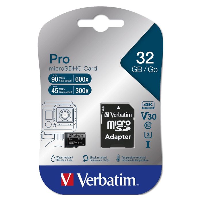 Verbatim Pro MicroSDHC 32GB 90MB/s con Adaptador SD Clase 10 UHS 2