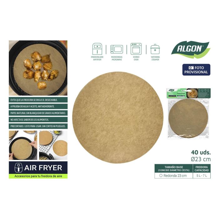 Algon - Set de 40 Papeles Redondos para Airfryer de 23 cm (24 Unidades)