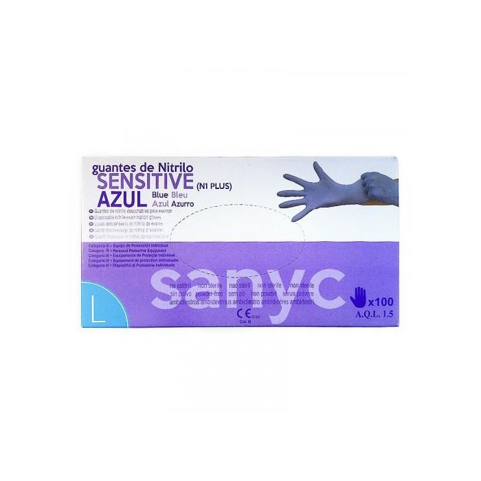 Guantes de Nitrilo Desechable Sensitive Sin Polvo Talla L Grande Color Azul Caja de 100 Unidades