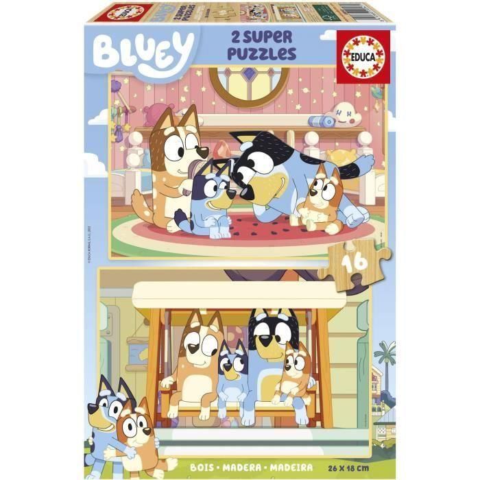 Educa Puzzle Infantil de Madera Bluey - Incluye 2 Puzzles de 16 Piezas - Ideal para Niños y Niñas a partir de 3 Años