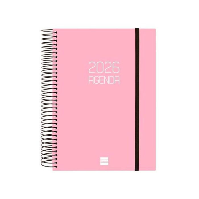 Finocam E10-155x212 mm Agenda Espiral Opaque 2026 1 día por página Rosa Tapa Polipropileno DIN A5 con Goma Elástica