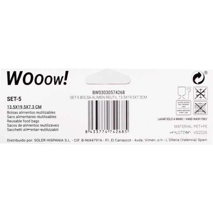 Set de 5 bolsas reutilizables para alimentos 13.5x19 cm - Wooow (36 Cajas) 15 Set de 5 bolsas reutilizables para alimentos 13.5x19 cm - Wooow (36 Cajas) 15