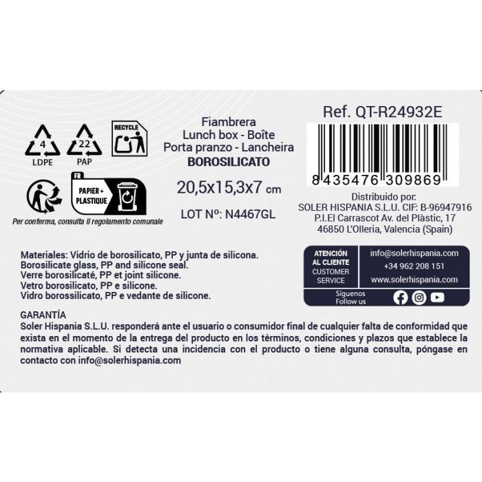 Fiambrera Rect.Hermet 20.5X15.3Cm 1L C/Escurridor (6 Unidades) 2