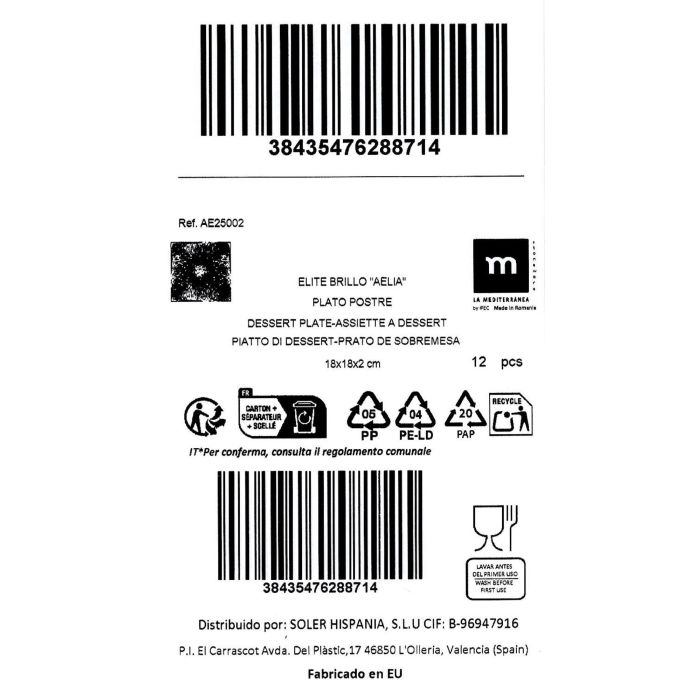 La Mediterranea Plato Postre Aelia Elite Brillo 18 x 18 cm (12 Unidades) 1 La Mediterranea Plato Postre Aelia Elite Brillo 18 x 18 cm (12 Unidades) 1