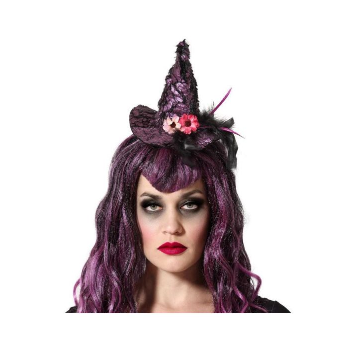 Diadema Sombrero Bruja Morado Con Flores Y Plumas Para Halloween Y Cosplay