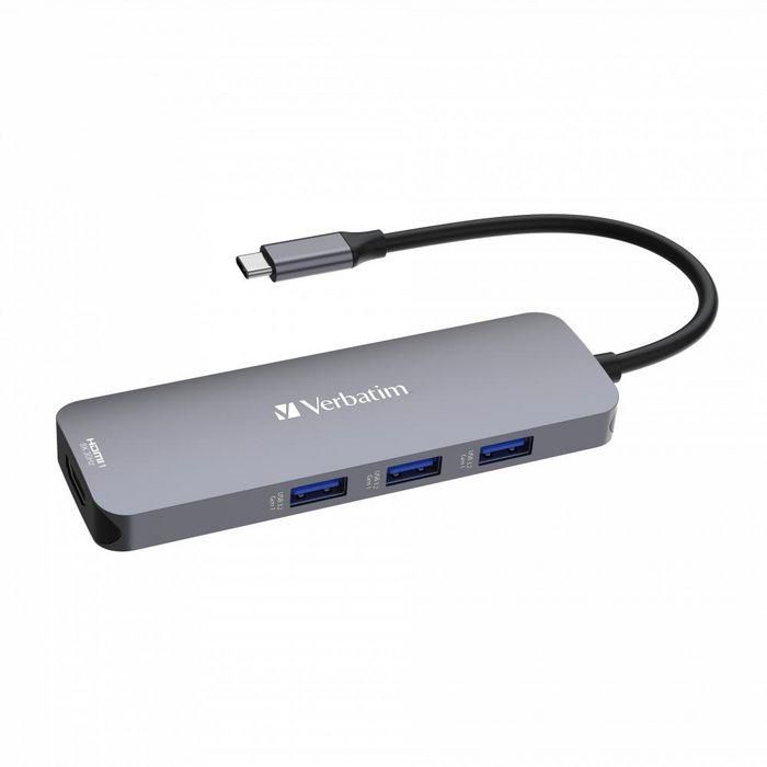 Verbatim 2 x HDMI, 8K 30Hz, 4K 30Hz, 3 x USB-A 3.2 Gen1, 5Gb/s, 1 x SD 3.0, 1 x microSD 3.0, 1 x USB-C PD, 100W, 121mm x 40mm x 13mm 1