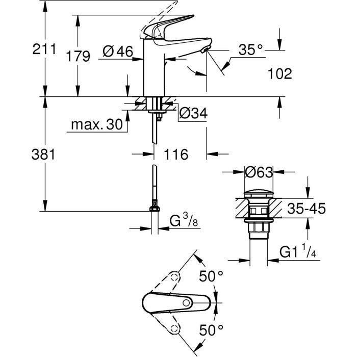 Mezclador monomando de lavabo - GROHE Swift - 24326001 - Cromo - Talla M - Ahorro de agua - Desagüe click-clack 2