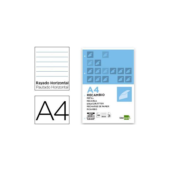 Recambio Liderpapel A4 120 Hojas 70 gr-M2 Horizontal Sin Margen 4 Taladros Bandas De 5 Colores