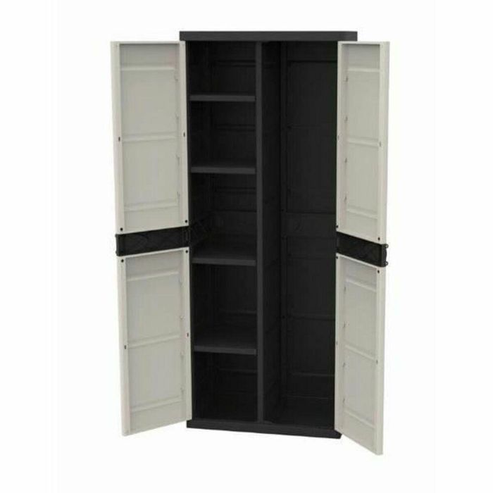 Plastiken Titanio Armario Alto de Almacenaje 2 Puertas con Estantes y Escobero para Interior y Exterior 70x44x176 cm Beige y Negro