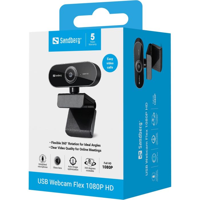 Sandberg Webcam USB Flex 1080P HD Full HD con Micrófono Integrado para Videollamadas, Imagen Nítida y Definida, Plug & Play 5