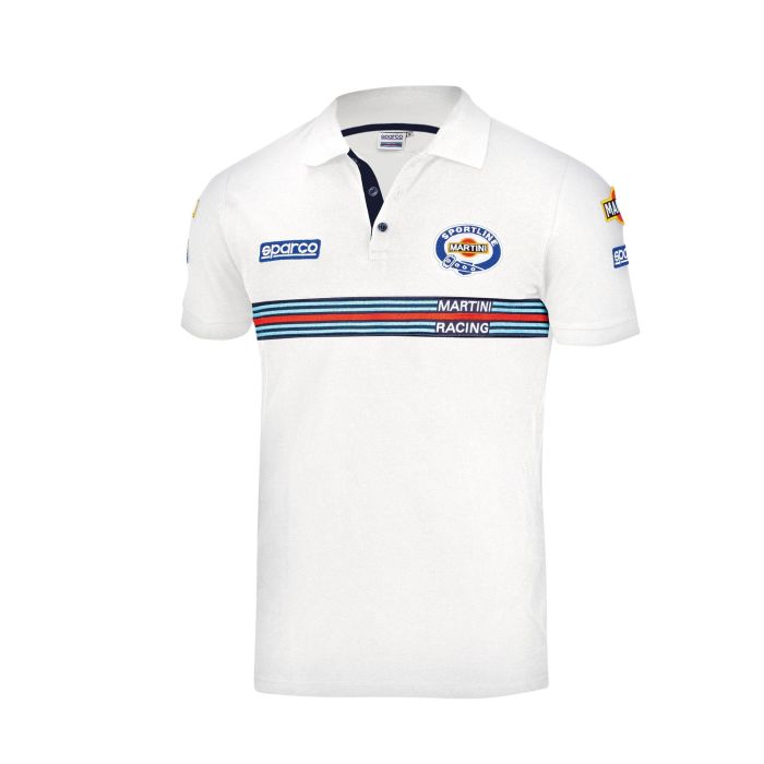 Sparco S01275MRBI3L Polo Estilo Martini Racing, Réplica Diseño Clásico de Carreras de los 80, 100% Algodón Piqué, Blanco Talla L Sparco S01275MRBI3L Polo Estilo Martini Racing, Réplica Diseño Clásico de Carreras de los 80, 100% Algodón Piqué, Blanco Talla L