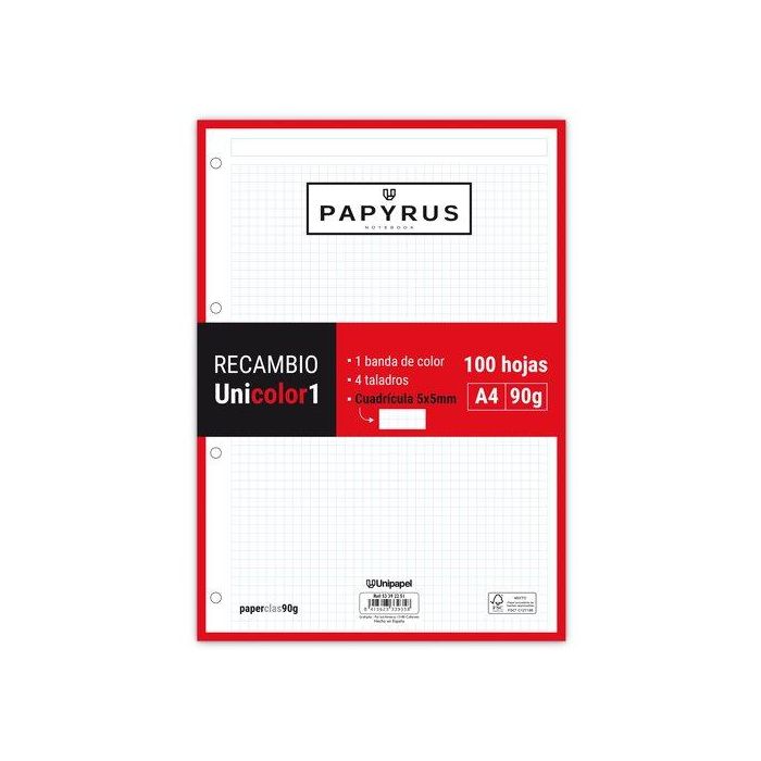 Recambio Papyrus Unicolor1 A4 100H 90G 4 Taladros Cuad.5X5 Rojo 24 unidades