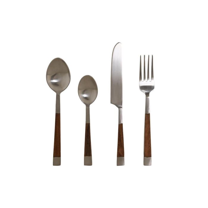 DKD Home Decor Cubertería Básicos Acero Inoxidable y Madera Acacia Natural Plateado - Set de 16 Piezas 3