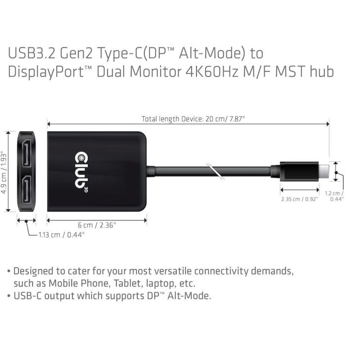 Club3D MST-Hub USB 3.2 Typ C > 2x DP 4K60Hz St/Bu Multi-Stream Transport Hub, USB-C a 2 DisplayPort 4K 60Hz 3 Club3D MST-Hub USB 3.2 Typ C > 2x DP 4K60Hz St/Bu Multi-Stream Transport Hub, USB-C a 2 DisplayPort 4K 60Hz 3
