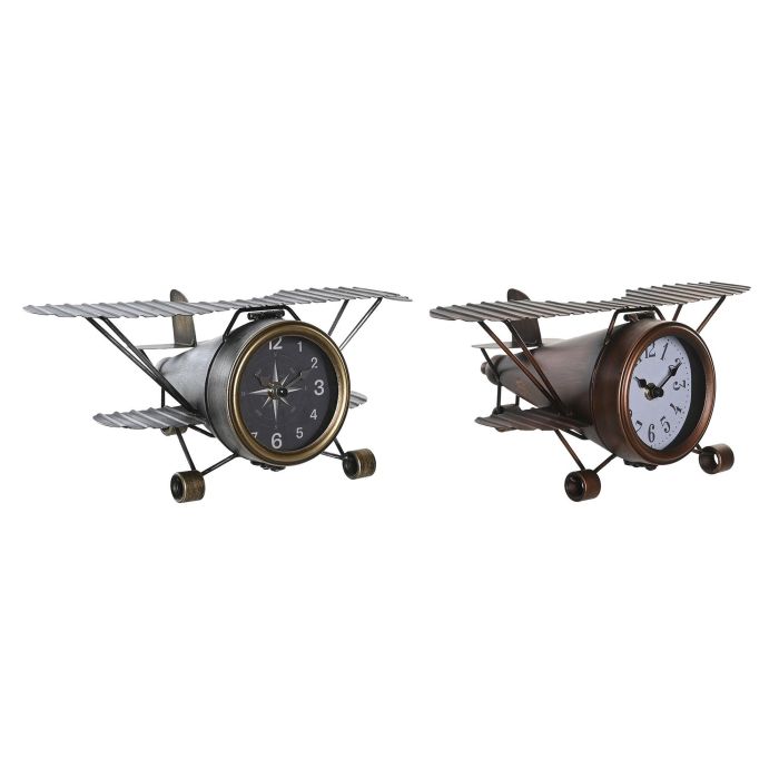 DKD Home Decor Reloj Sobremesa Loft Dorado Plateado Hierro Cristal con forma de Avion 21 x 14 x 35 cm (2 Unidades)