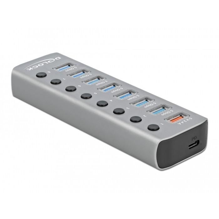 DeLOCK USB 3.2 Gen 1 Hub con 7 Puertos, 1 Puerto Carga Rápida y 1 USB-C PD 3.0 con Interruptor e Iluminación