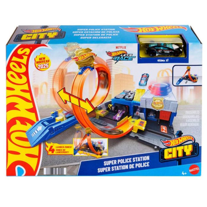 Hot Wheels Jbm71 Pista Súper Estación de Policía City con Looping Regulable, 4 Carriles para Carreras y Coche Metálico 1:64 0 Hot Wheels Jbm71 Pista Súper Estación de Policía City con Looping Regulable, 4 Carriles para Carreras y Coche Metálico 1:64 0