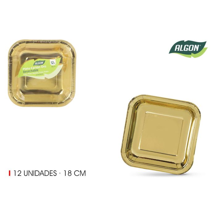 Set de 12 platos de cartón oro cuadrados 18 cm Algon (18 Unidades) Set de 12 platos de cartón oro cuadrados 18 cm Algon (18 Unidades)