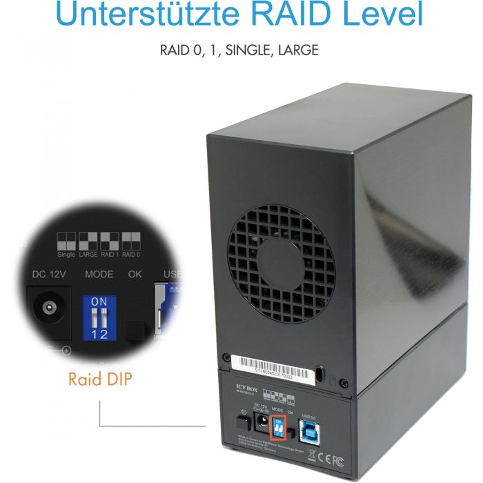 RAID-System. 2x SATA 3.5" zu 1x USB 3.0 RAID 0/1/LARGE/SINGLE ICY BOX 1