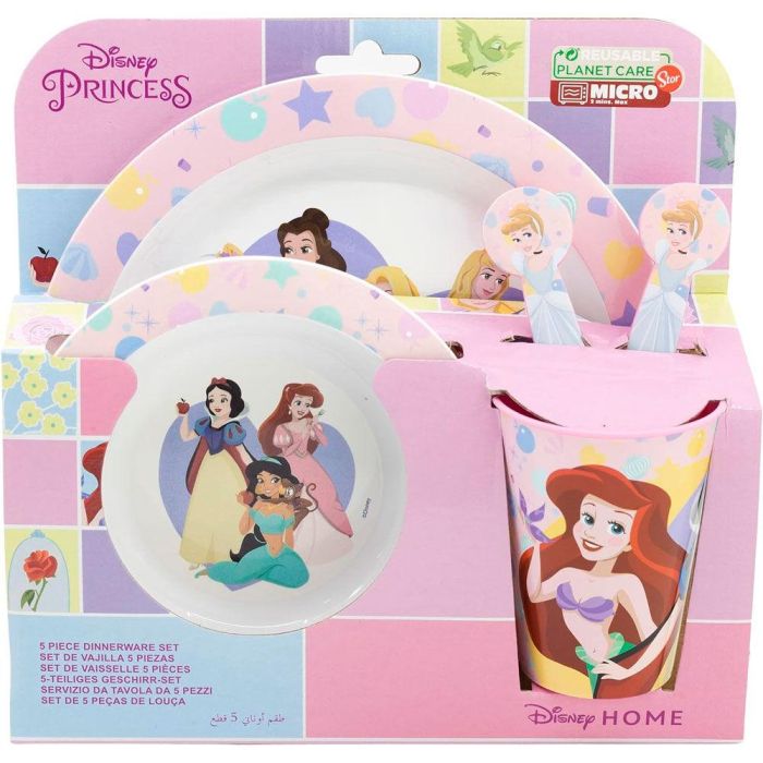 STOR Set Vajilla infantil Princesas Disney 5pzs – Vaso 260ml, Plato, Cuenco y Cubiertos, reutilizable y sin BPA