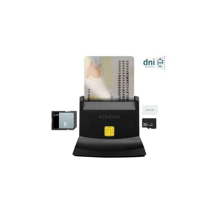 Aisens Lector de Tarjetas Inteligente DNI con Lector de Tarjetas SIM, SD, Micro SD, MMC, RS-MMC, MMC Micro, USB-C, Negro