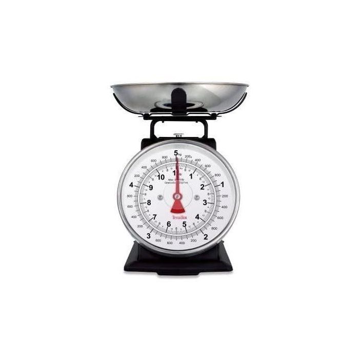 Terraillon 14477 Báscula mecánica Retro Deco para cocina, 5 kg con bol de acero inoxidable 1L, dial grande y estructura metálica negra. 1