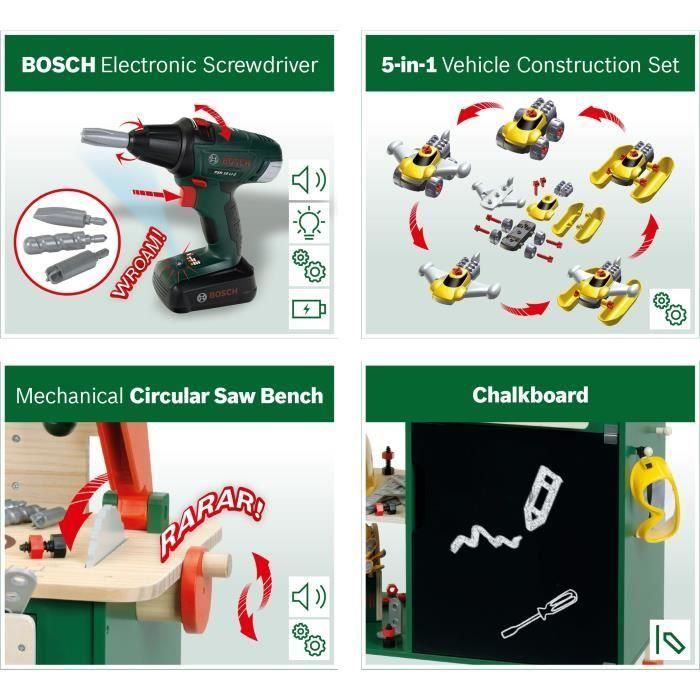 Banco de trabajo grande Bosch - KLEIN - 8734 - Madera FSC - Con destornillador electrónico, caja de herramientas, juego de construcción, etc. - A partir de 3 años 2