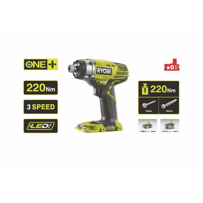 Ryobi Destornillador de Impacto Inalámbrico 18V, 3 Modos de Velocidad Ajustables (40, 120, 220 Nm) 4 Ryobi Destornillador de Impacto Inalámbrico 18V, 3 Modos de Velocidad Ajustables (40, 120, 220 Nm) 4