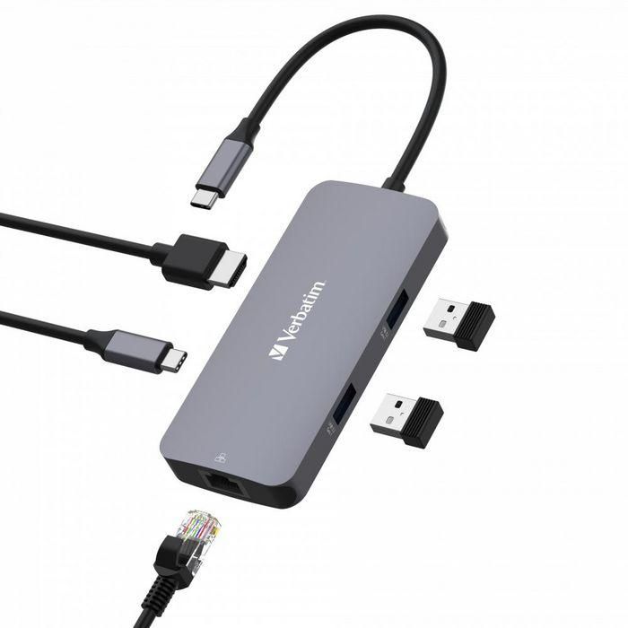 Verbatim Hub Multi-puerto USB-C Pro de 5 Puertos con HDMI 4K, RJ45 Gigabit Ethernet, 2x USB-A 3.2 Gen1 5Gb/s, USB-C PD Carga 85W 2