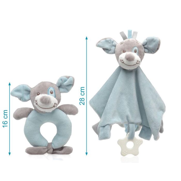 KioKids Set Doudou y Sonajero Perrito Azul Suave para Bebés +0 Meses. Con Mordedor y Sonidos, Ideal para Apego 3