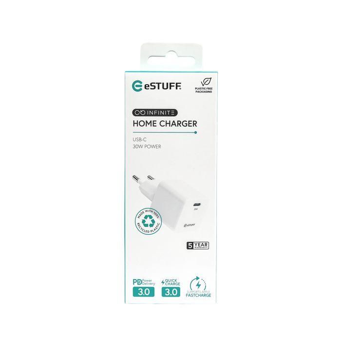 eSTUFF INFINITE Cargador de Pared USB-C con Power Delivery (PD) 30W GaN para Smartphones y Tablets - Blanco - 98% Plástico Reciclado 1 eSTUFF INFINITE Cargador de Pared USB-C con Power Delivery (PD) 30W GaN para Smartphones y Tablets - Blanco - 98% Plástico Reciclado 1